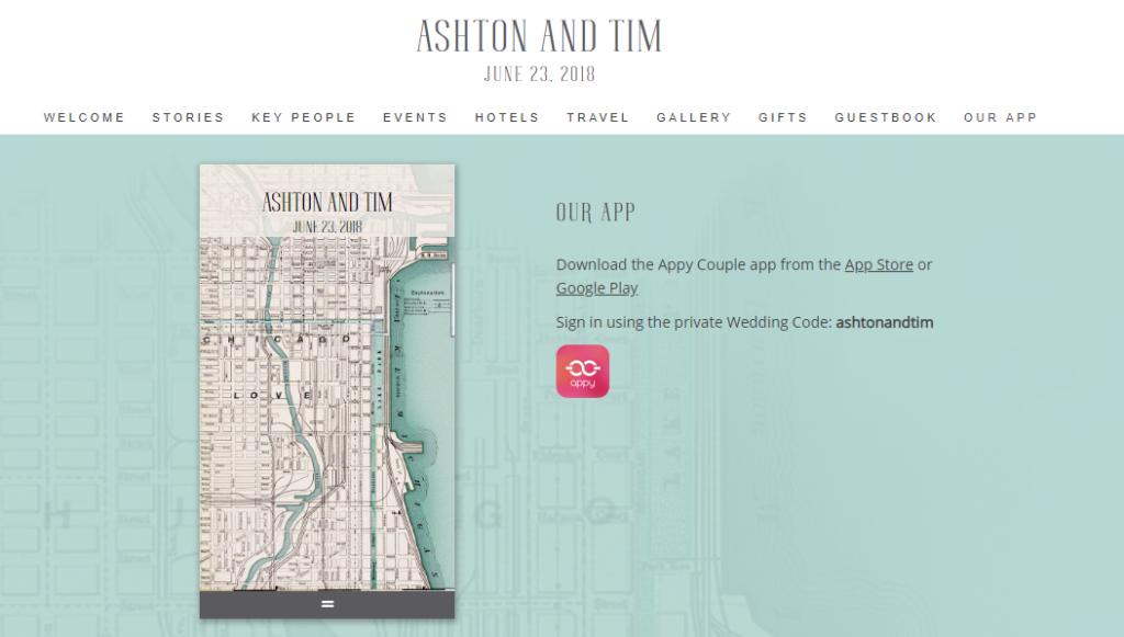 Apps page from Ashton and Tim's wedding website