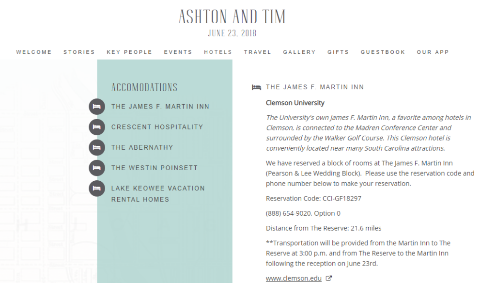 Hotels page from Ashton and Tim's wedding website